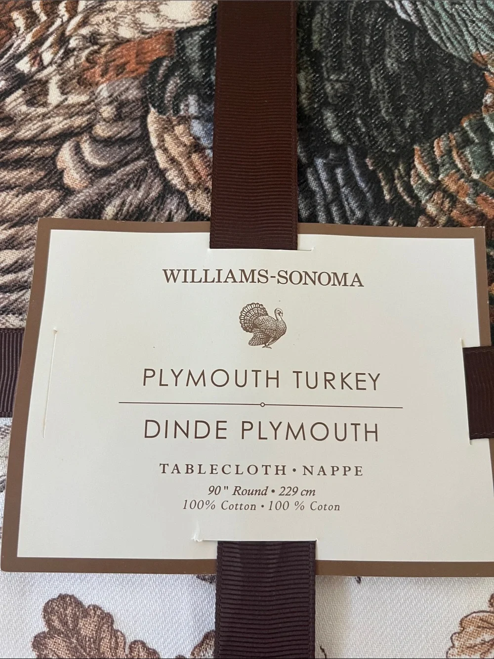 Williams Sonoma Plymouth Turkey Tablecloth White Brown Beige Round Fall 90
